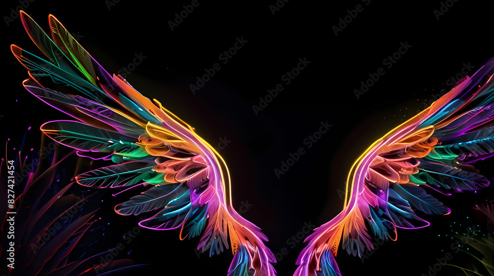 Fototapeta Neon lighting background with wing shapes