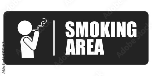 Isolated black minimal smoking area label, with pictogram man smoking cigarette tobacco with smokes