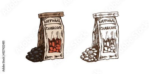 Hand-drawn colored and monochrome vector sketch of charcoal paper bag for barbecue. Doodle vintage illustration. Decorations for the menu of cafes and labels. Engraved image.