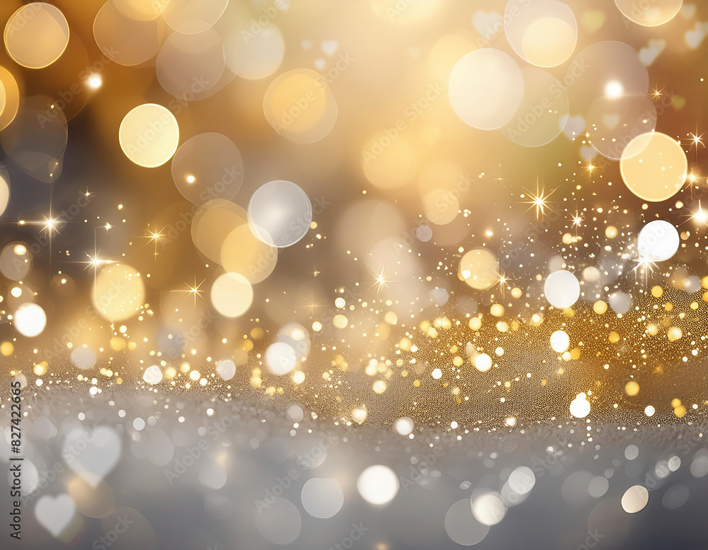 A shimmering backdrop in abstract silver and gold hues, accentuated by a bokeh effect and heart lights A shimmering backdrop in abstract silver and gold hues, accentuated by a bokeh effect and heart lights
