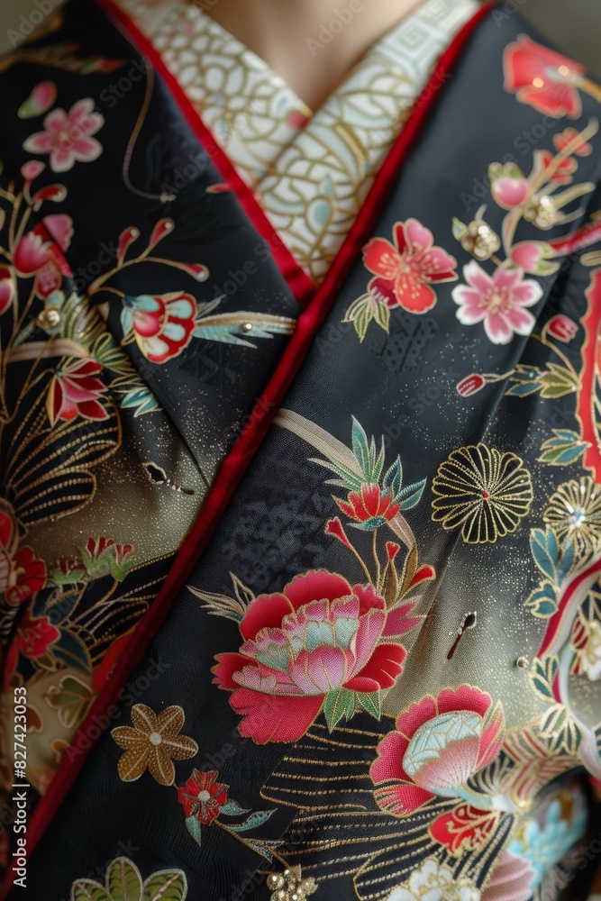 Close-up of a woman wearing a black kimono with red and pink floral embroidery Close-up of a woman wearing a black kimono with red and pink floral embroidery