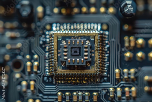 A close up of a computer chip. The chip is black and gold