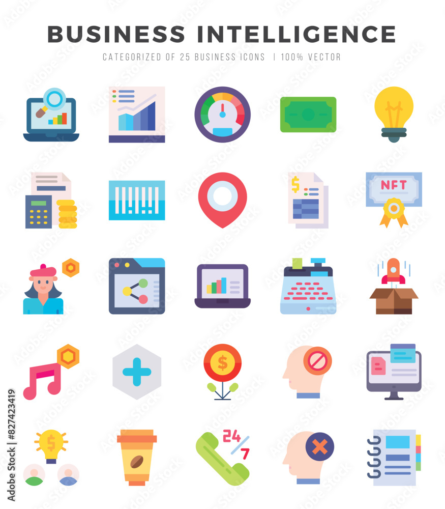 Set of 25 Business Intelligence Flat Icons Pack. Set of 25 Business Intelligence Flat Icons Pack.