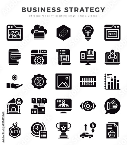 Business Strategy Icons Pack. Glyph icons set. Glyph icon collection set.