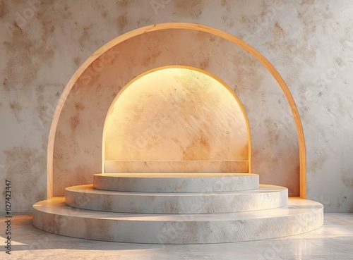 Minimalist Arched Gypsum Steps with Geometric Cylinders