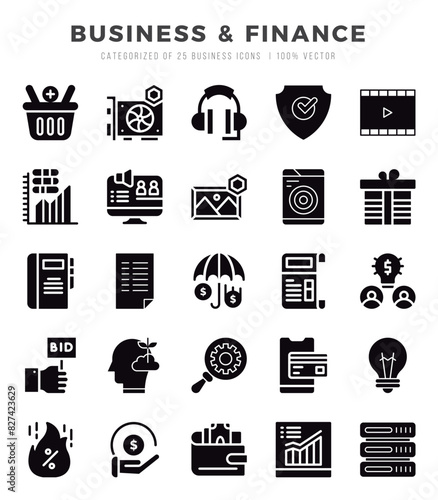 Set of 25 Business & Finance Glyph Icons Pack.