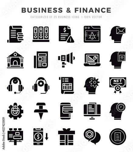Business & Finance Icons Pack. Glyph icons set. Glyph icon collection set.
