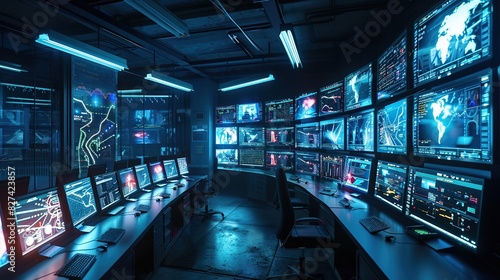 Room with many computer monitors in a row and chairs in the middle for a control room concept