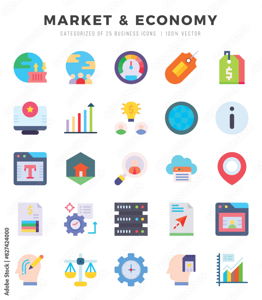 Collection of Market & Economy 25 Flat Icons Pack. Collection of Market & Economy 25 Flat Icons Pack.