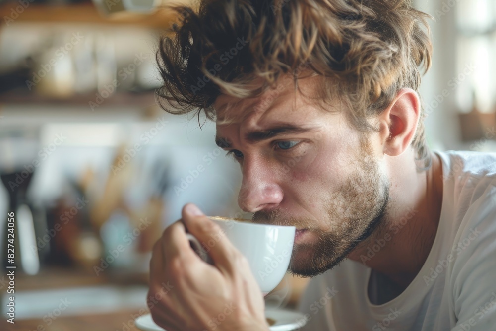 A focused view on an individual holding a cup, possibly enjoying a warm beverage, in a homely environment A focused view on an individual holding a cup, possibly enjoying a warm beverage, in a homely environment