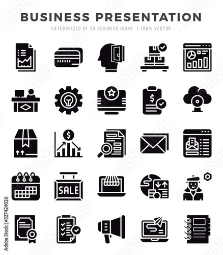 Business Presentation. Glyph icons Pack. vector illustration.