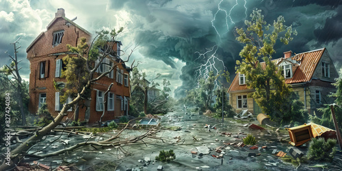 Tornado Damage: A scene of destruction left behind by a tornado, showing damaged buildings, uprooted trees, and scattered debris, illustrating the aftermath of a powerful storm