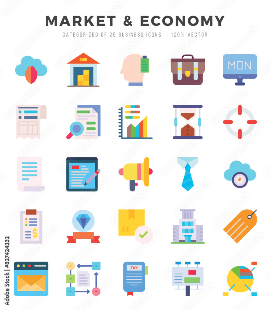 Market & Economy Icons Pack. Flat icons set. Flat icon collection set. Simple vector icons.