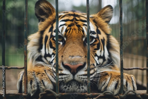 A striking image of a tiger behind bars, its intense gaze piercing directly at the viewer against a blurred backdrop