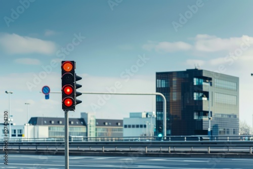 Flashing yellow traffic light close-up on the streets of Europe.. Beautiful simple AI generated image in 4K, unique.