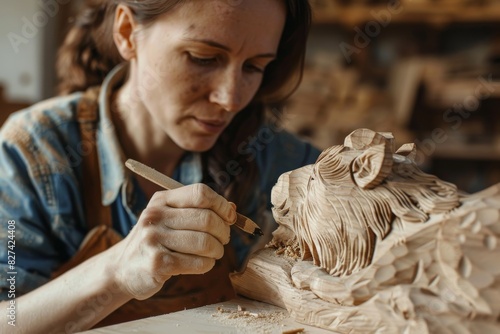 A female artist meticulously carves a detailed wooden sculpture, focusing on the intricate details