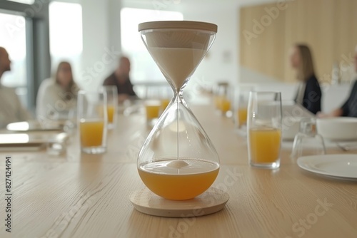 White hourglass with a meeting table in the background, symbolizing time management and professionalism in a corporate setting
