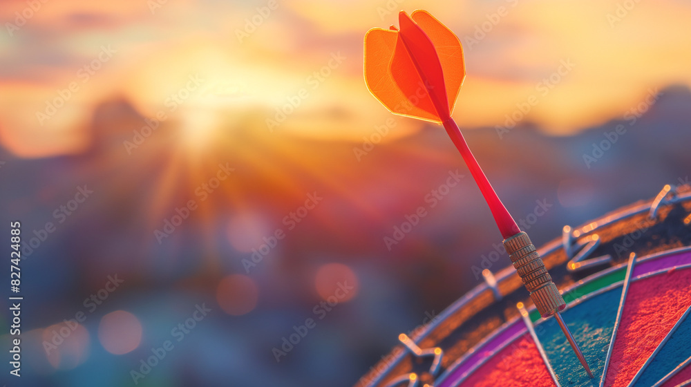 Red darts hit the bullseye on a dartboard against a dark blue sky, symbolizing business success and achievement of goals. Red darts hit the bullseye on a dartboard against a dark blue sky, symbolizing business success and achievement of goals.