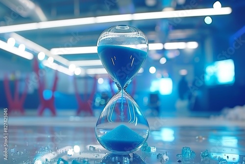 Blue hourglass with abstract lights, symbolizing the passage of time and creativity in a vibrant, artistic setting