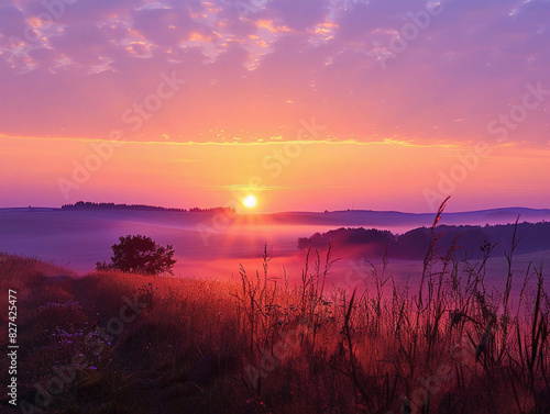 Stunning sunrise over the horizon  casting a warm glow of orange and pink hues.