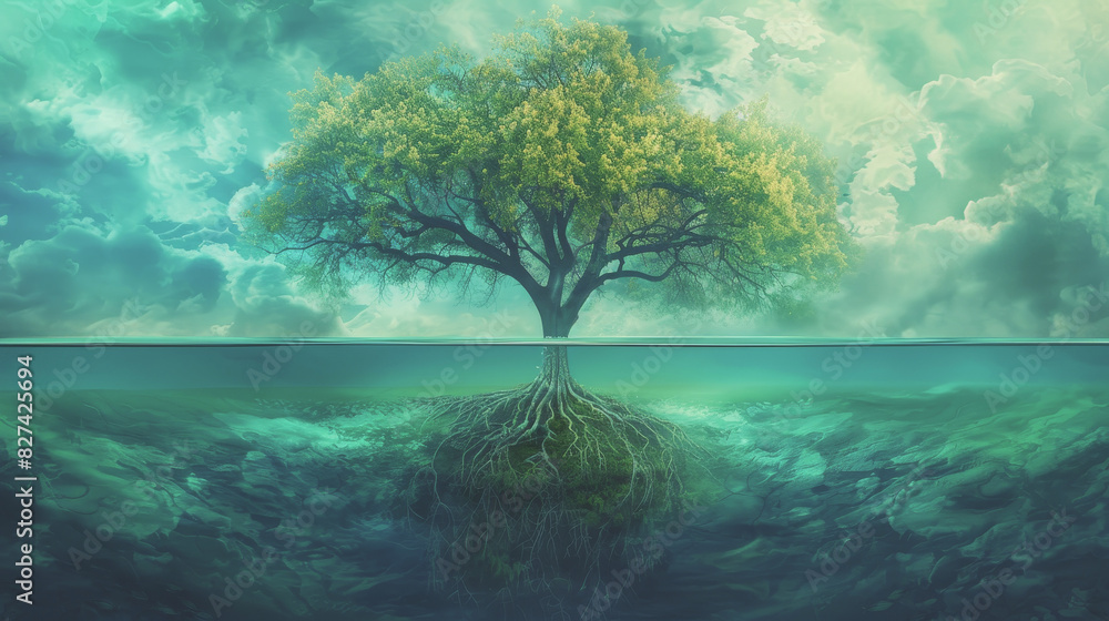 Majestic tree with sprawling roots submerged in water, beneath a dramatic sky. Symbolizing life, strength, and resilience in a surreal setting.