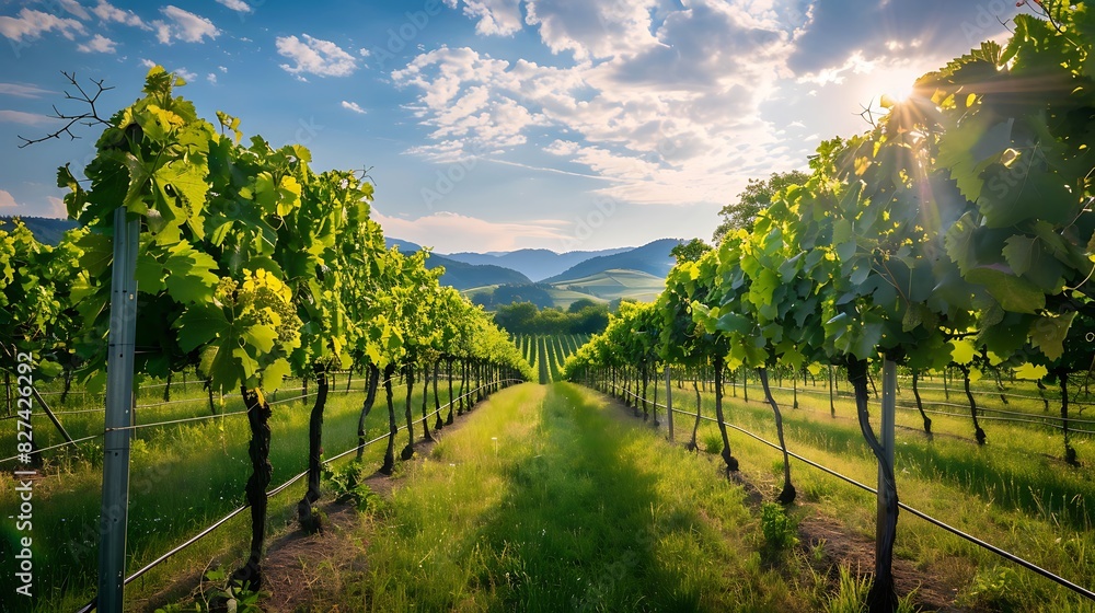 Naklejka premium Serene Vineyard Vista: Perfectly Aligned Rows of Lush Grapevines Under the Sun, Inviting You to Explore the Artistry of Winemaking in Picturesque Countryside Beauty