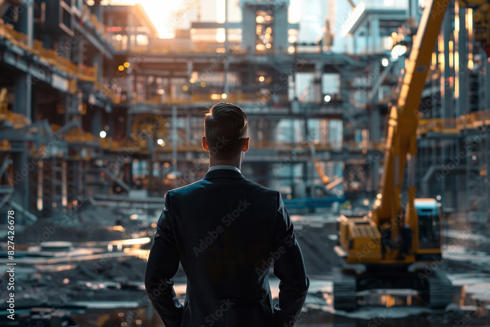 Businessman overseeing a construction site with advanced robotics in the background, showcasing technological innovation