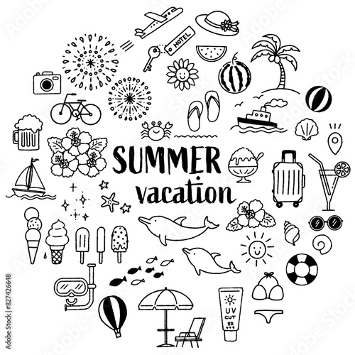 シンプルでかわいい夏のイラストセット（モノクロ）