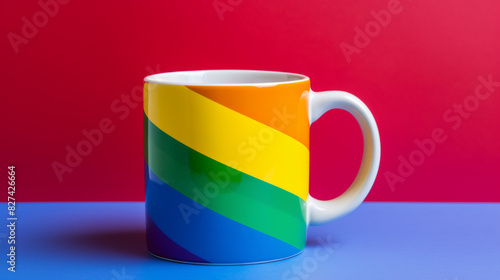 LGBTQ mockup showcasing a blank coffee mug, set against a colorful pridethemed background, ideal for adding custom designs or slogans, cheerful and festive photo