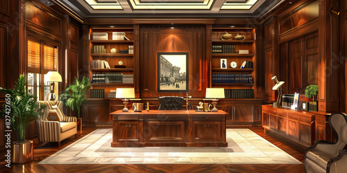 Wallpaper Mural Executive Office: A luxurious executive office space, showcasing a large desk, plush seating, and bookshelves filled with business books and awards, reflecting the status of a board member. Torontodigital.ca
