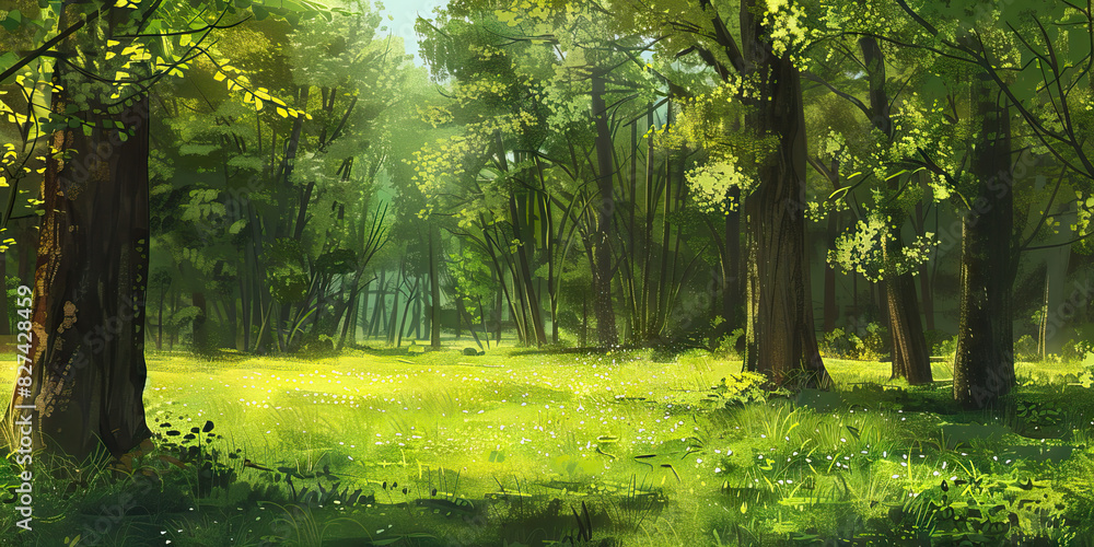 Naklejka premium Quiet Forest Clearing: A peaceful clearing in a forest with no people or wildlife, showcasing the stillness and tranquility of nature's untouched beauty