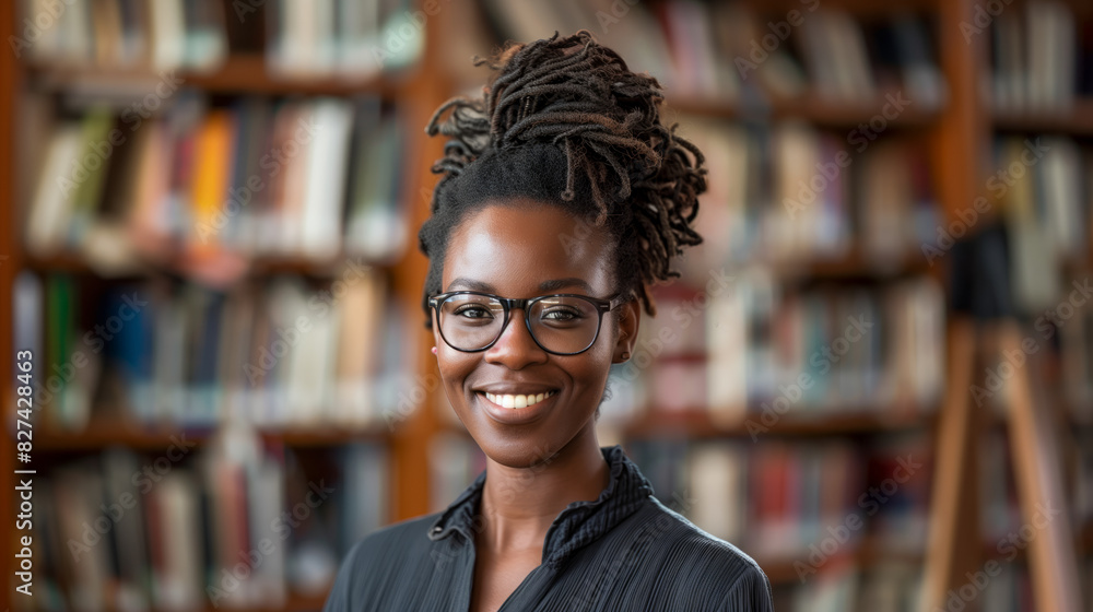 African American librarian smiling in a library African American librarian smiling in a library