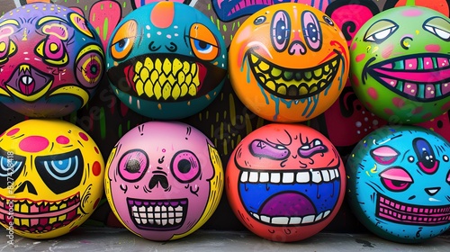 Paintings of colorful round faces with various expressions in graffiti style