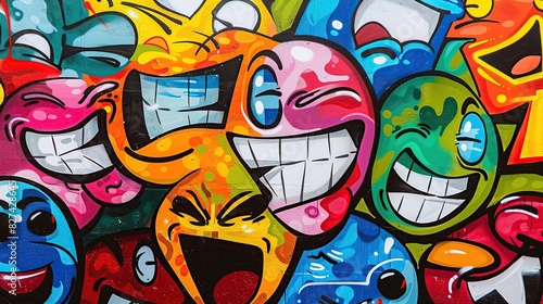 Paintings of colorful round faces with various expressions in graffiti style