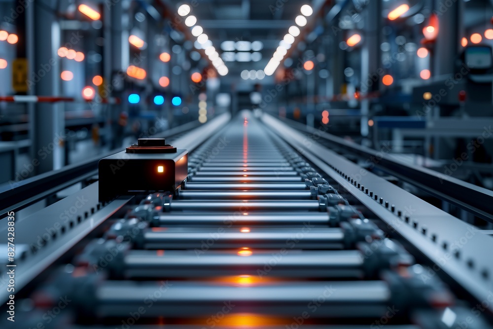 Automated conveyor system in a high-tech manufacturing facility with glowing lights and advanced machinery for efficient production. Automated conveyor system in a high-tech manufacturing facility with glowing lights and advanced machinery for efficient production.