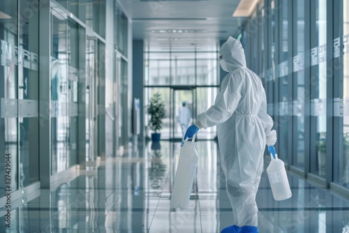 Person in protective suit with a disinfectant sprayer in a well-lit modern hallway photo