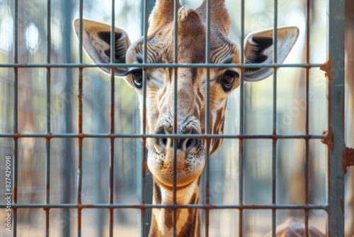 A giraffe's head is seen close-up, framed by a metal fence at a zoo, its eyes peering at the viewer photo