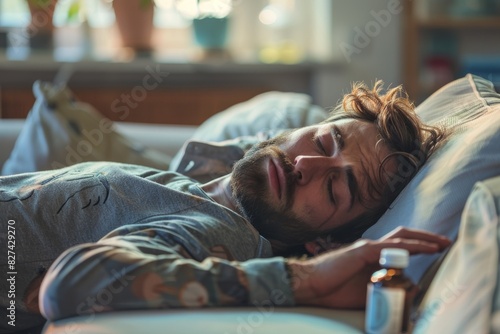 An emotionally impactful image of a man visibly ill in bed with medication nearby, conveying a sense of discomfort and sickness photo
