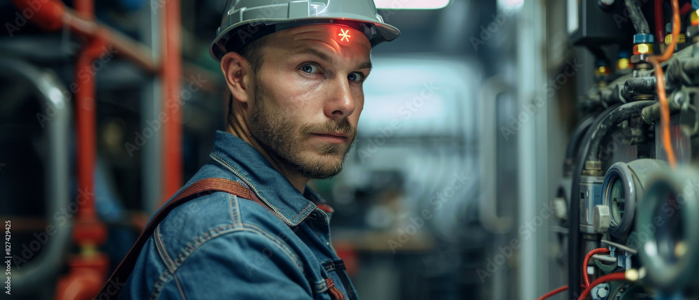 Precision Inspection of Smart Device with Red Warning Light by Technician - Crisp Image Precision Inspection of Smart Device with Red Warning Light by Technician - Crisp Image