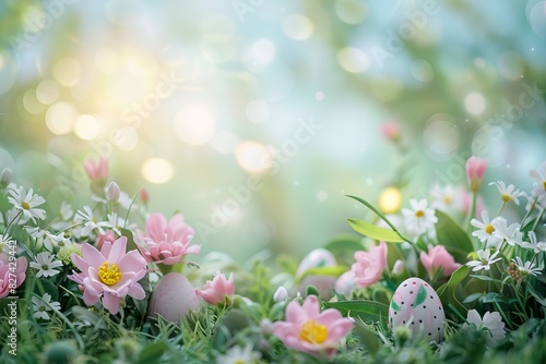 Beautiful spring flowers and painted eggs in a sunlit garden, creating a serene and festive Easter scene.