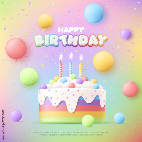 3D Happy birthday greeting card with cute rainbow cake and balloon on colorful background, baby birthday anniversary party event, kid sale banner, flyer, advertising, social media, wallpaper, website