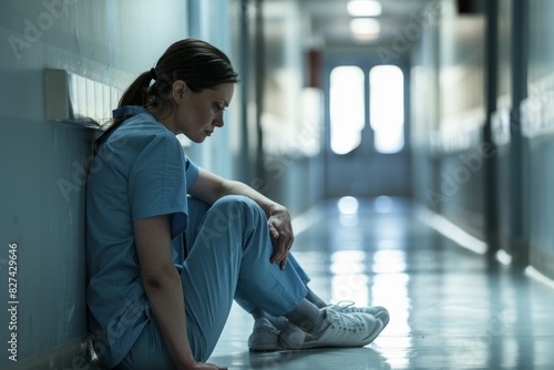 An image showing an exhausted healthcare worker in scrubs sitting on the hospital floor, looking down