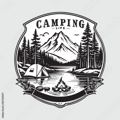 outdoor camping life badge vintage style black color in white background