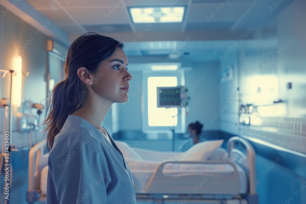This image captures a nurse standing in a brightly lit hospital corridor, looking towards a patient in the distance This image captures a nurse standing in a brightly lit hospital corridor, looking towards a patient in the distance