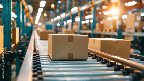 Cardboard boxes on a conveyor belt in a brightly lit warehouse, illustrating modern logistics and shipping processes. photo
