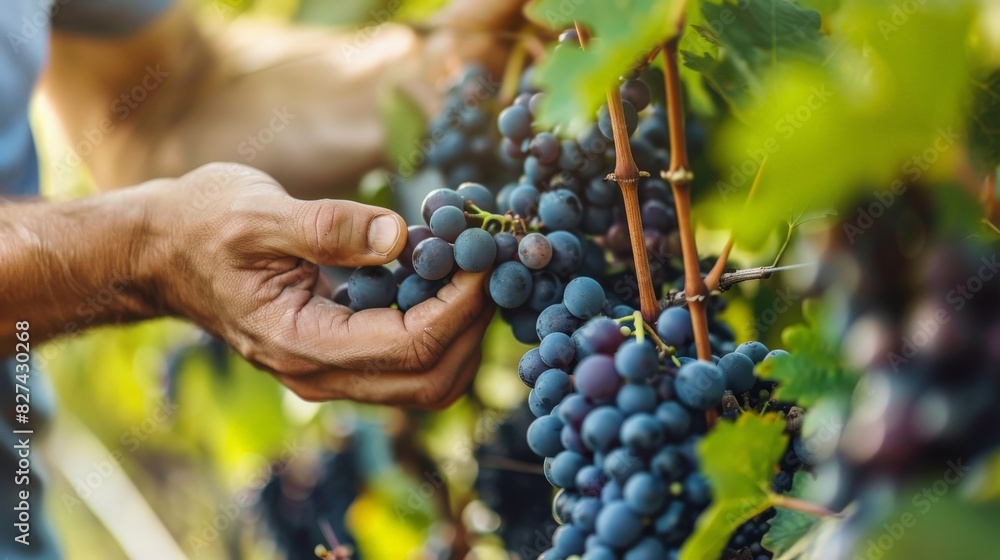 Obraz premium Close-up of Hands Harvesting Ripe Grapes in a Vineyard at Sunset