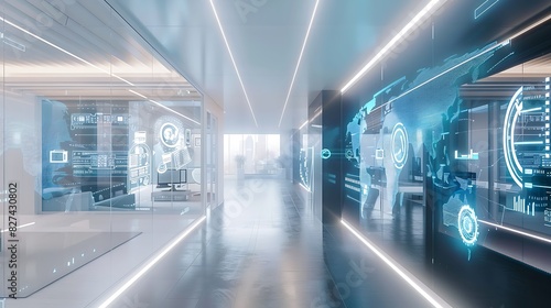 A sleek, modern office space with transparent screens and holographic displays, symbolizing the future-forward aspects of digital transformation.