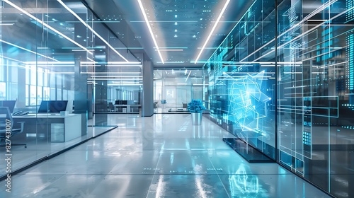A sleek  modern office space with transparent screens and holographic displays  symbolizing the future-forward aspects of digital transformation.