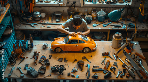 Dedicated Hobbyist Assembling Model Car with Tools and Parts