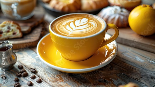 Enjoy a warm and inviting coffee shop ambiance complete with latte art in a vibrant yellow cup, a charming rustic wooden table setting, and a selection of fresh pastries on the side. Ideal for a delig photo